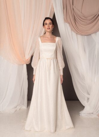 Abito da sposa Hanna Pois con maniche in tulle plumetis, scollo quadrato e gonna ampia, stile romantico e retrò